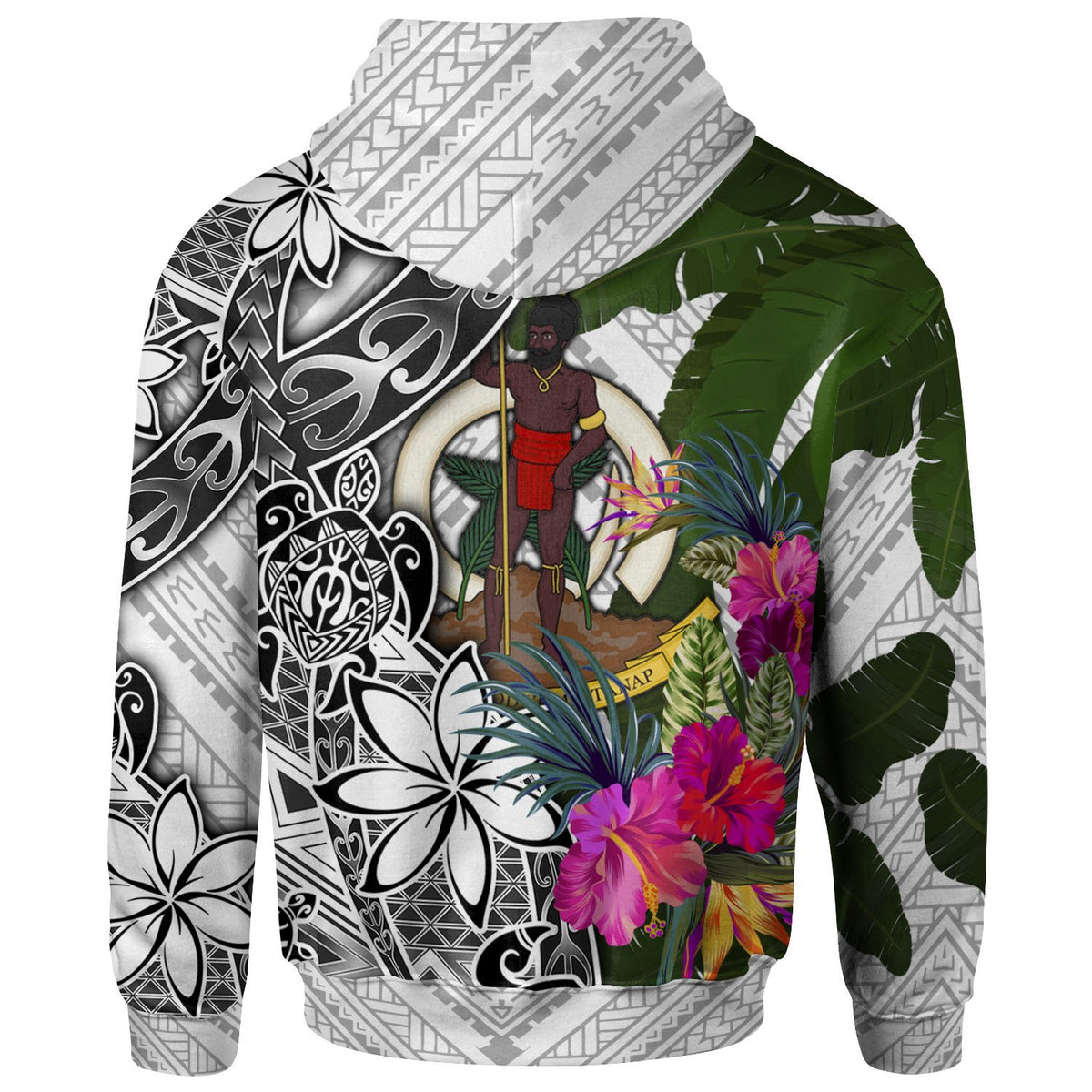 Vanuatu Hoodie White Turtle Plumeria Banana Leaf - Polynesian Pride