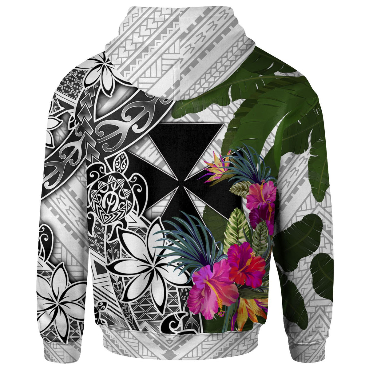 Fiji Hoodie White Turtle Plumeria Banana Leaf - Polynesian Pride
