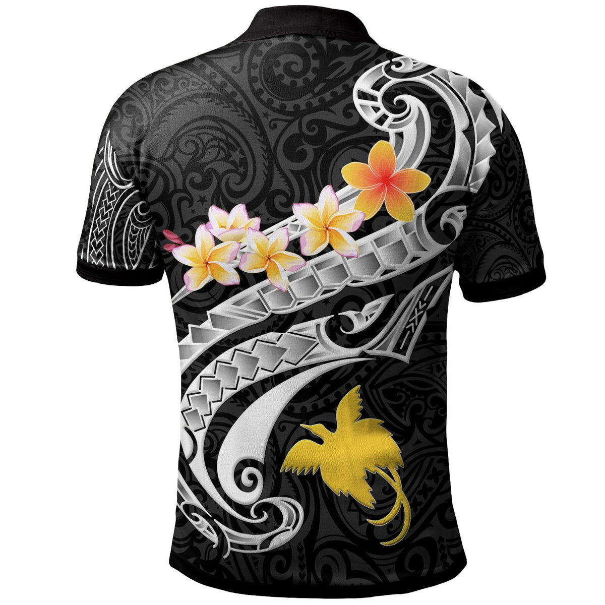 Papua New Guinea Polo Shirt PNG Seal Polynesian Patterns Plumeria (Black) - Polynesian Pride