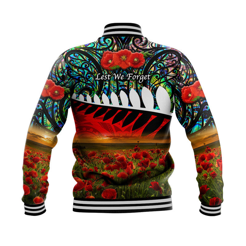 New Zealand Maori ANZAC Baseball Jacket Poppy Vibes - Paua Shell LT8 - Polynesian Pride