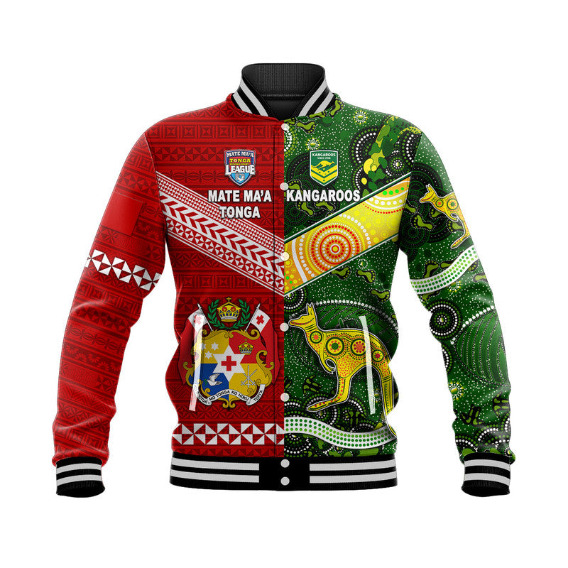 (Custom Personalised) Mate Ma'a Tonga Ngatu And Australia Kangaroos Aboriginal Baseball Jacket Rugby Together LT8 Unisex - Polynesian Pride
