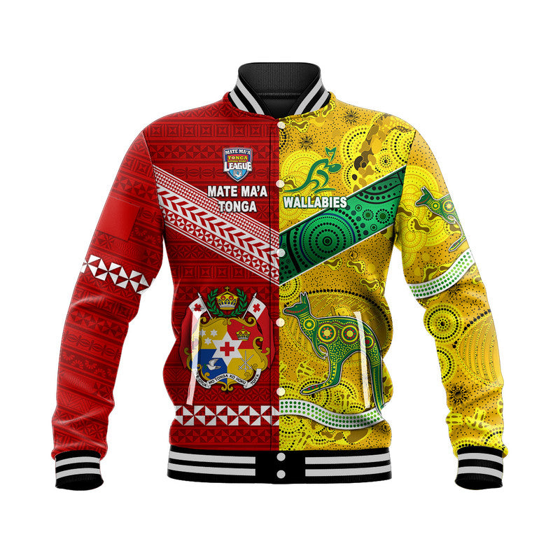 (Custom Personalised) Mate Ma'a Tonga Ngatu And Australia Wallabies Aboriginal Baseball Jacket Rugby Together LT8 Unisex - Polynesian Pride