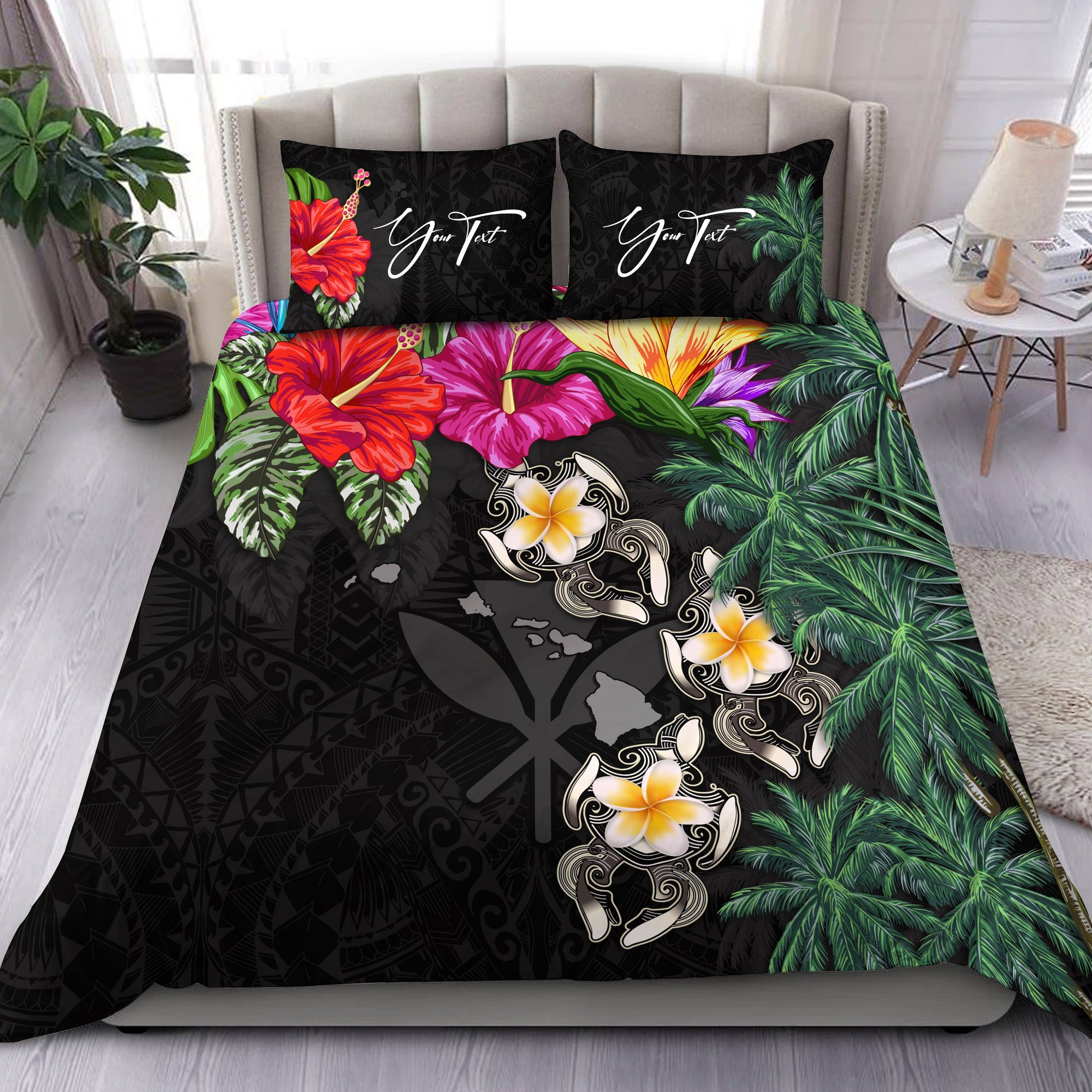 (Custom) Hawaii Bedding Set Hibiscus Turtle Black Personal Signature Black - Polynesian Pride