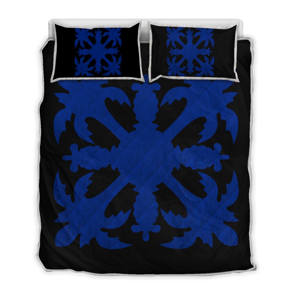 Hawaiian Royal Pattern Quilt Bed Set - Black And Blue - H1 Style - AH Blue - Polynesian Pride