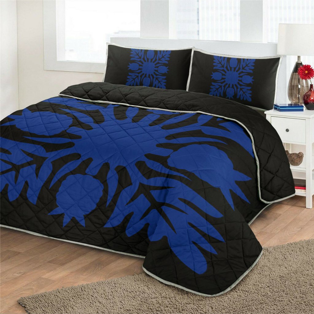 Hawaiian Royal Pattern Quilt Bed Set - Black And Blue - N1 Style - AH - Polynesian Pride