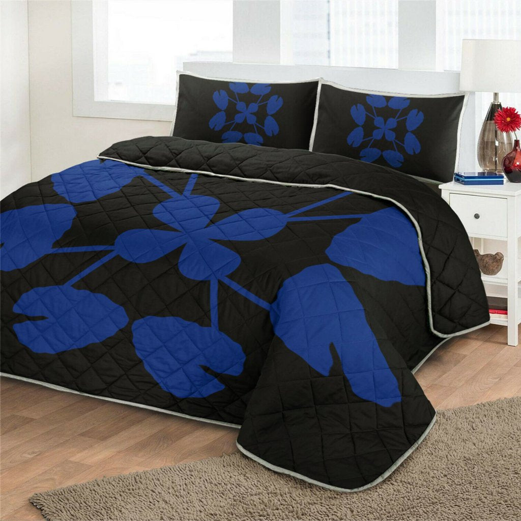 Hawaiian Royal Pattern Quilt Bed Set - Black And Blue - D3 Style - Polynesian Pride