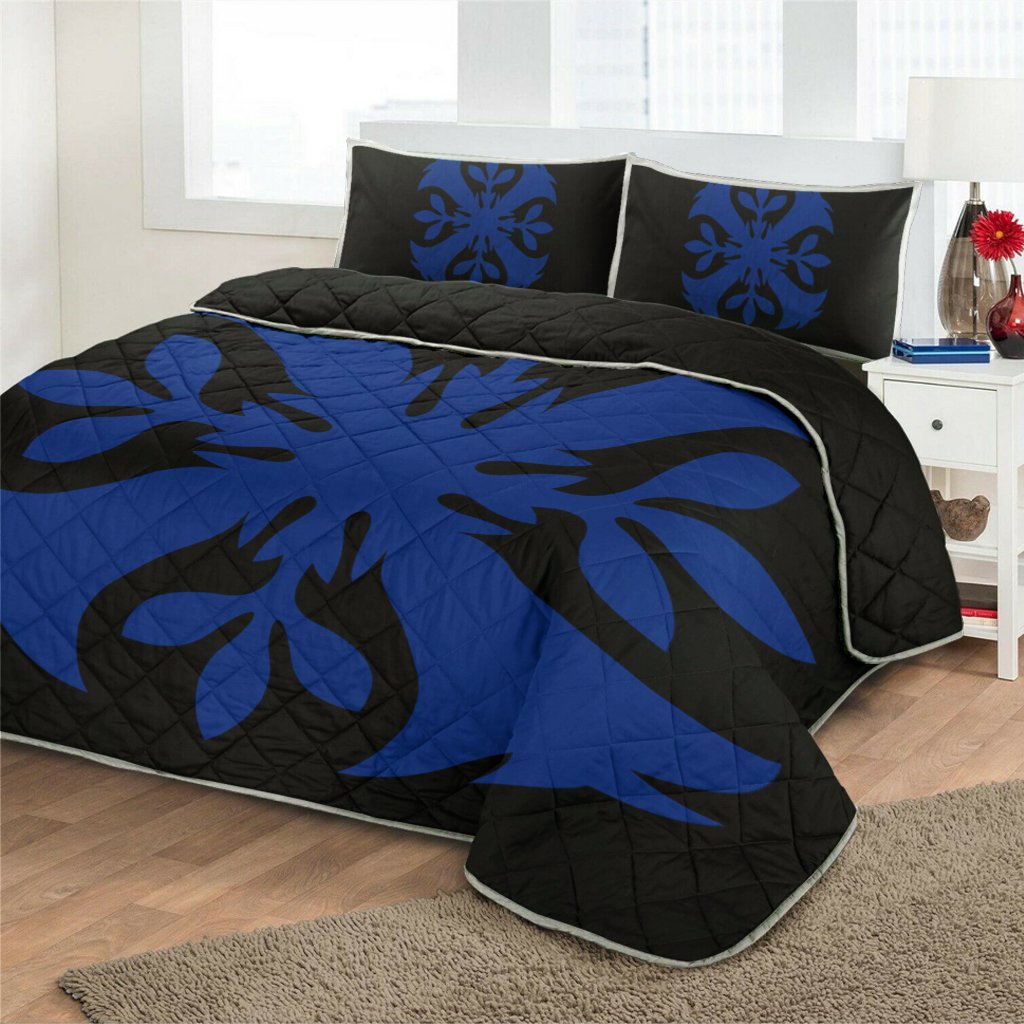 Hawaiian Royal Pattern Quilt Bed Set - Black And Blue - F3 Style - AH - Polynesian Pride