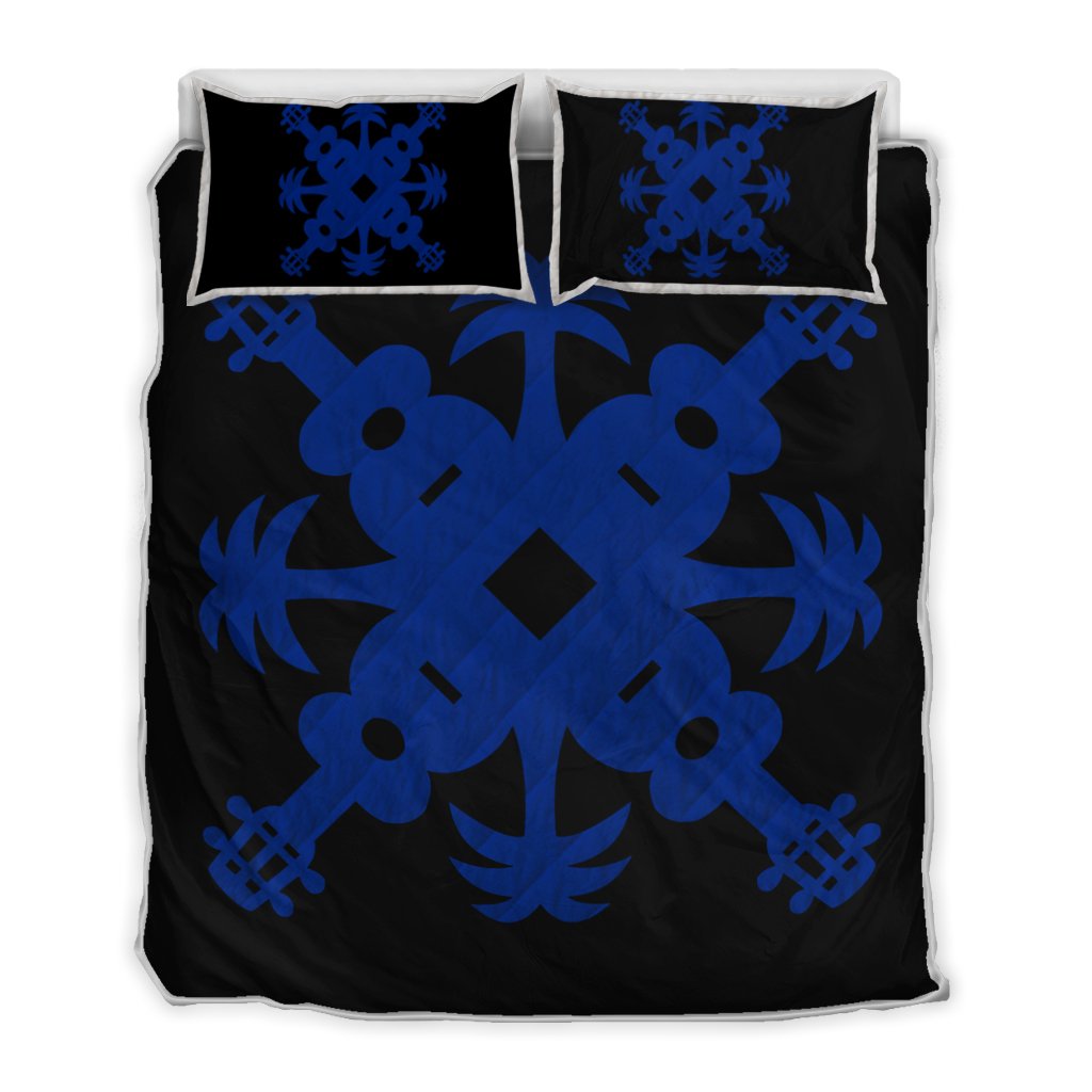 Hawaiian Royal Pattern Quilt Bed Set - Black And Blue - L2 Style - AH Blue - Polynesian Pride