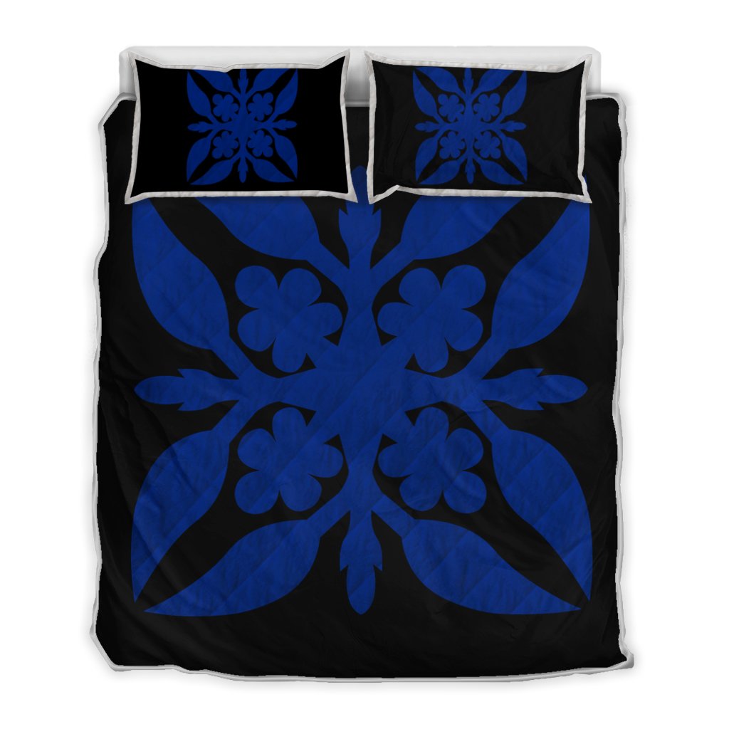 Hawaiian Royal Pattern Quilt Bed Set - Black And Blue - G1 Style - AH Blue - Polynesian Pride