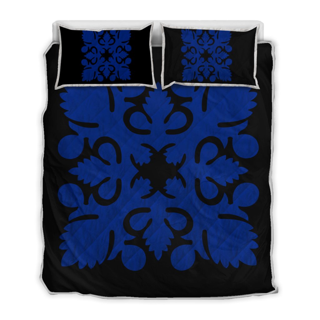 Hawaiian Royal Pattern Quilt Bed Set - Black And Blue - I2 Style - AH Blue - Polynesian Pride