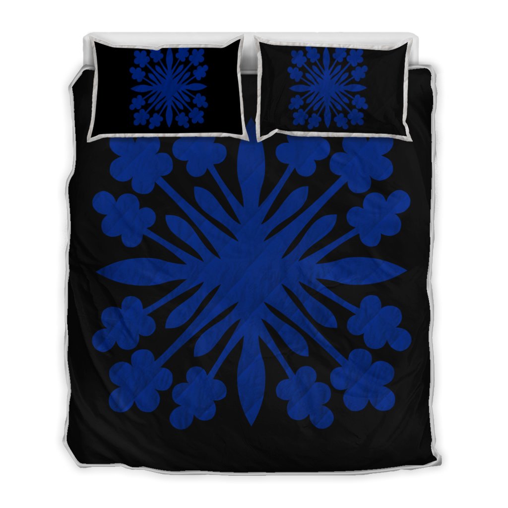 Hawaiian Royal Pattern Quilt Bed Set - Black And Blue - G2 Style - AH Blue - Polynesian Pride