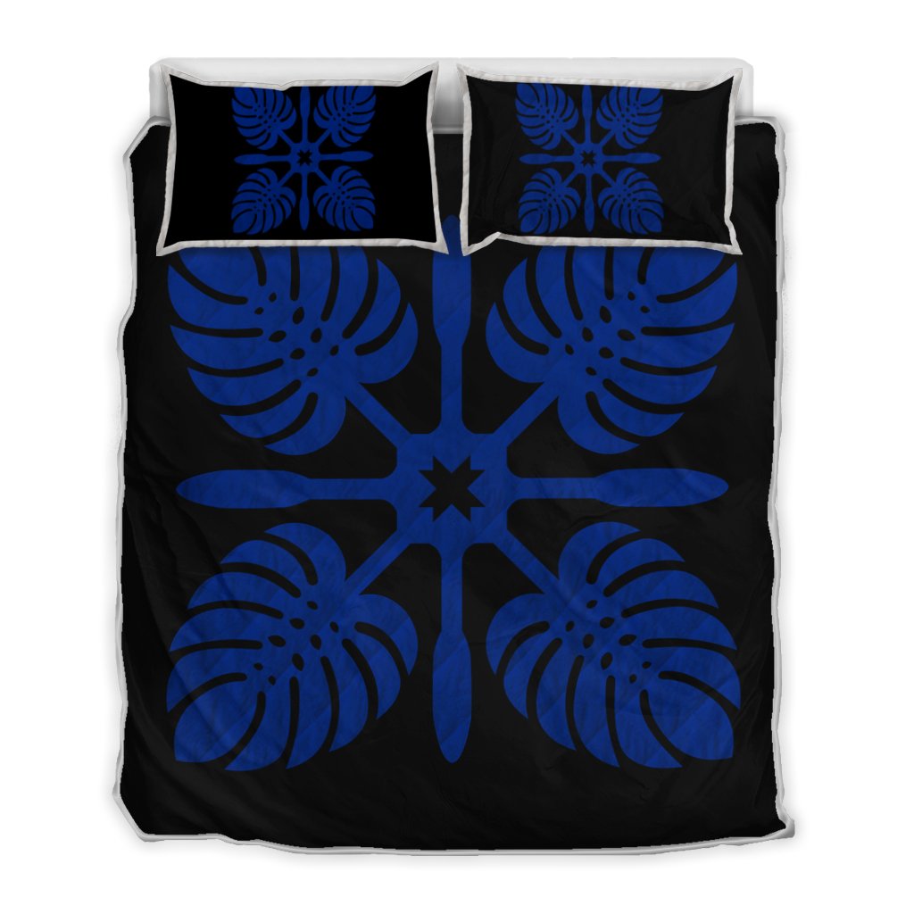 Hawaiian Royal Pattern Quilt Bed Set - Black And Blue - I3 Style - AH Blue - Polynesian Pride