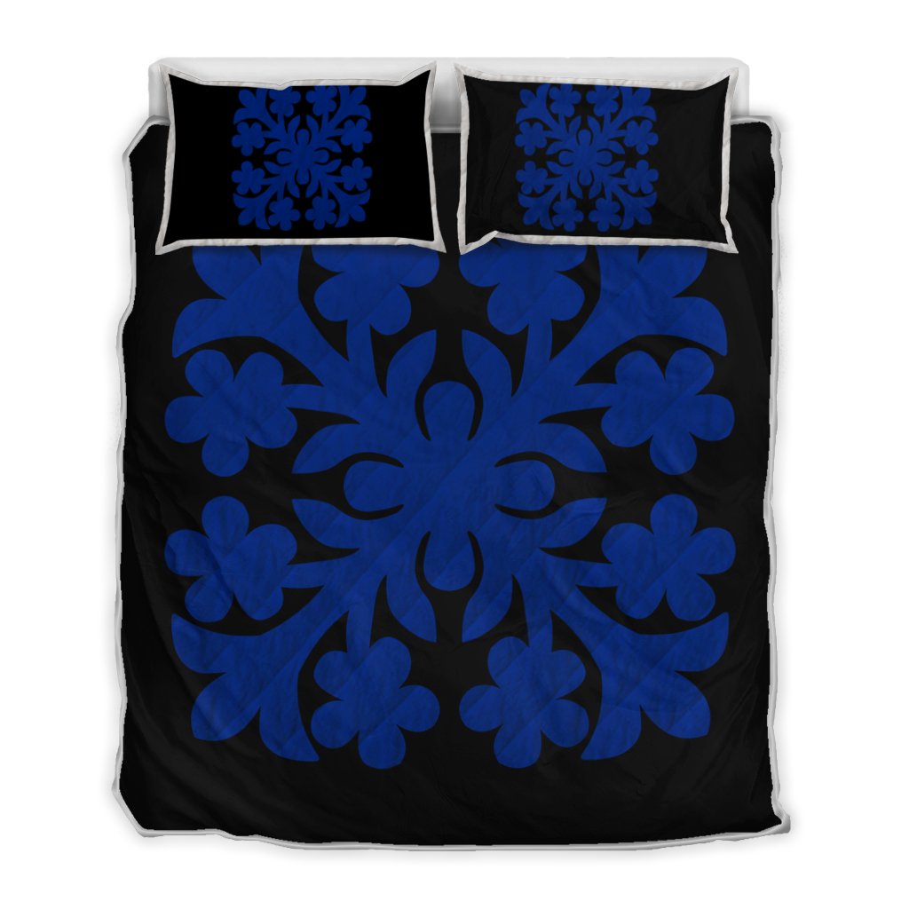 Hawaiian Royal Pattern Quilt Bed Set - Black And Blue - E1 Style - AH Blue - Polynesian Pride