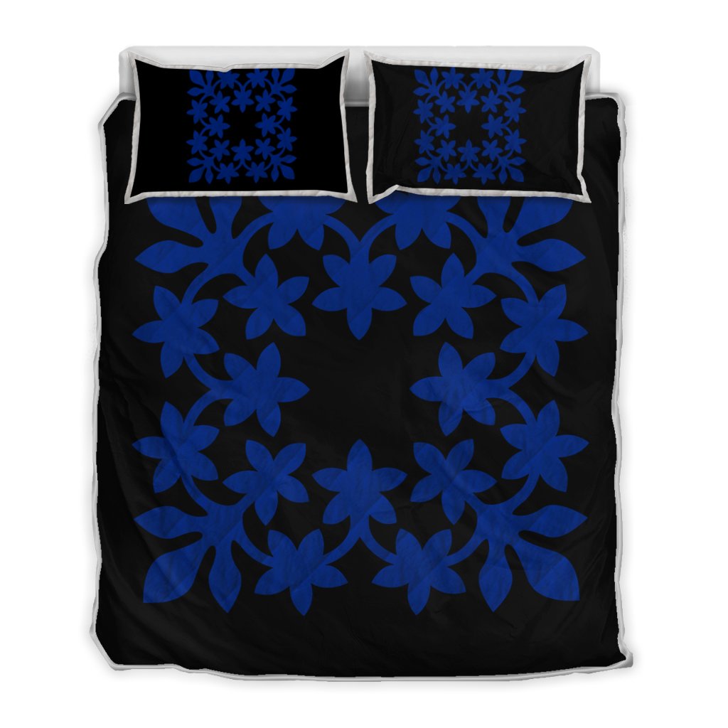 Hawaiian Royal Pattern Quilt Bed Set - Black And Blue - L3 Style - AH Blue - Polynesian Pride