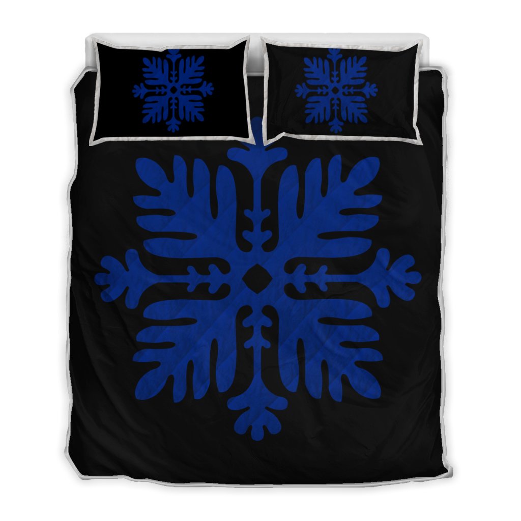 Hawaiian Royal Pattern Quilt Bed Set - Black And Blue - H2 Style - AH Blue - Polynesian Pride