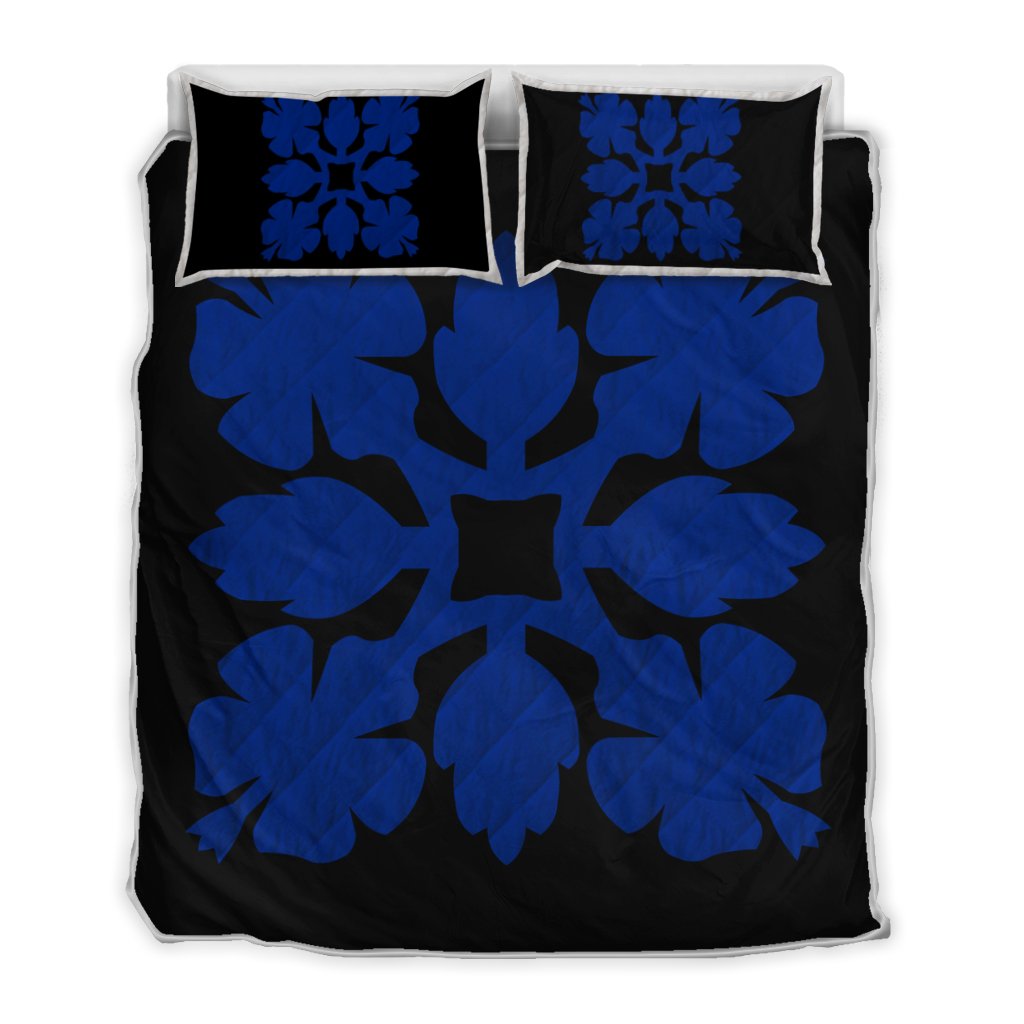 Hawaiian Royal Pattern Quilt Bed Set - Black And Blue - C1 Style - AH Blue - Polynesian Pride