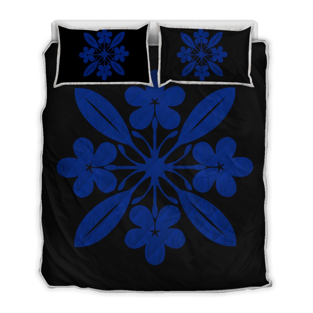 Hawaiian Royal Pattern Quilt Bed Set - Black And Blue - L1 Style - AH Blue - Polynesian Pride