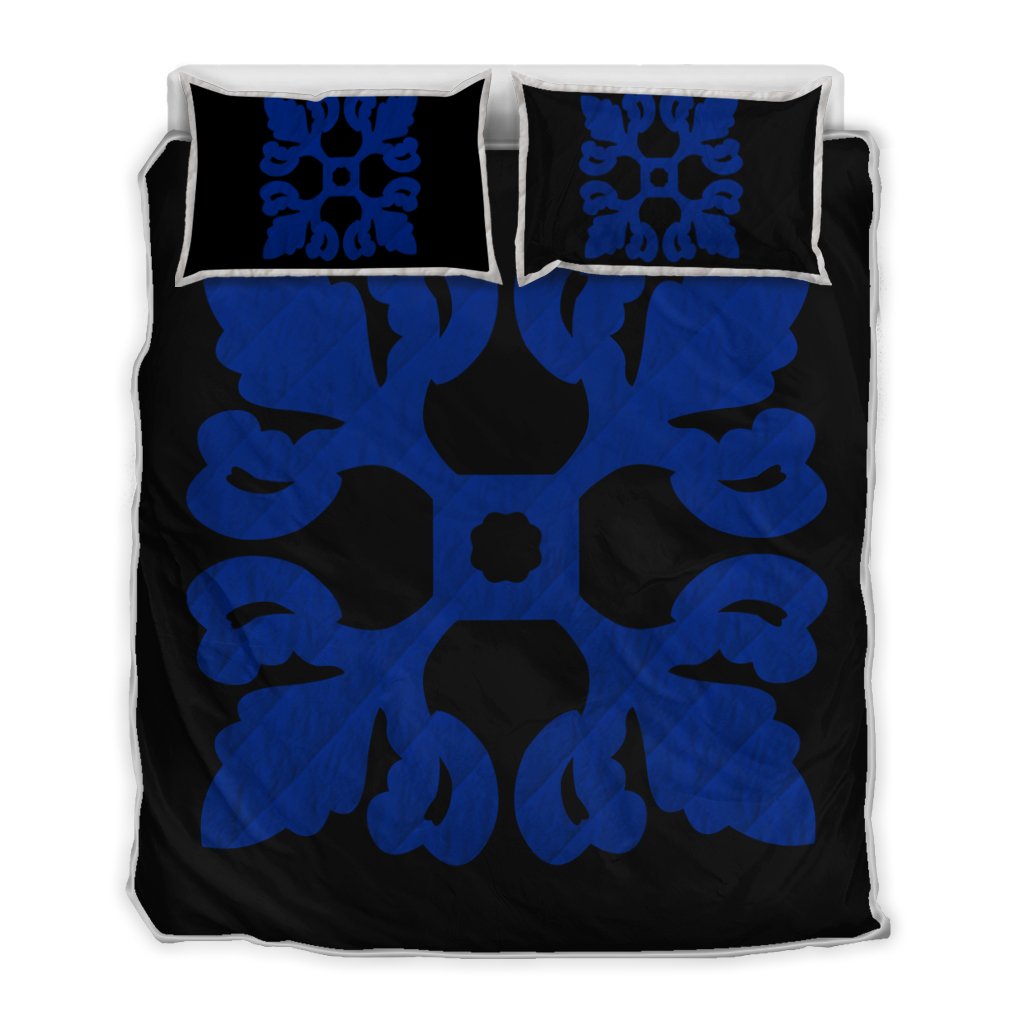 Hawaiian Royal Pattern Quilt Bed Set - Black And Blue - M1 Style - AH Blue - Polynesian Pride