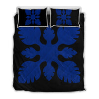 Hawaiian Royal Pattern Quilt Bed Set - Black And Blue - B1 Style - AH Blue - Polynesian Pride