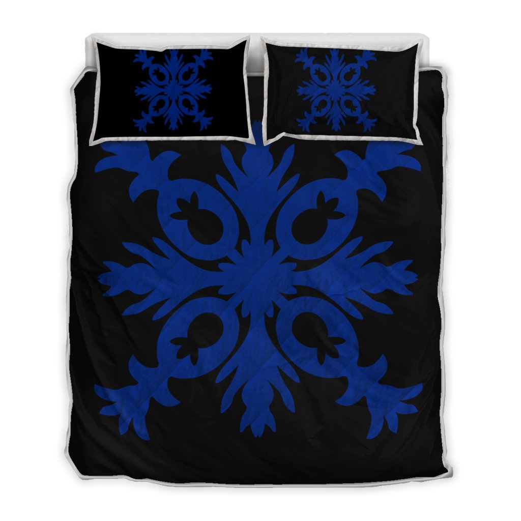 Hawaiian Royal Pattern Quilt Bed Set - Black And Blue - F2 Style - AH Blue - Polynesian Pride