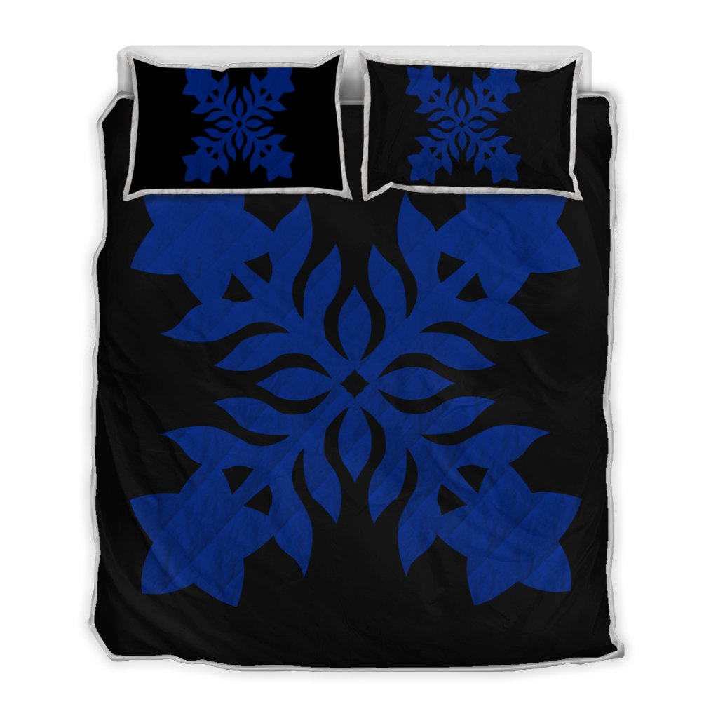 Hawaiian Royal Pattern Quilt Bed Set - Black And Blue - E2 Style - AH Blue - Polynesian Pride