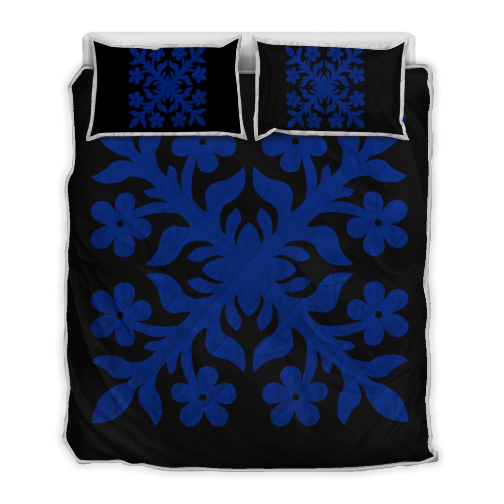 Hawaiian Royal Pattern Quilt Bed Set - Black And Blue - C2 Style - AH Blue - Polynesian Pride