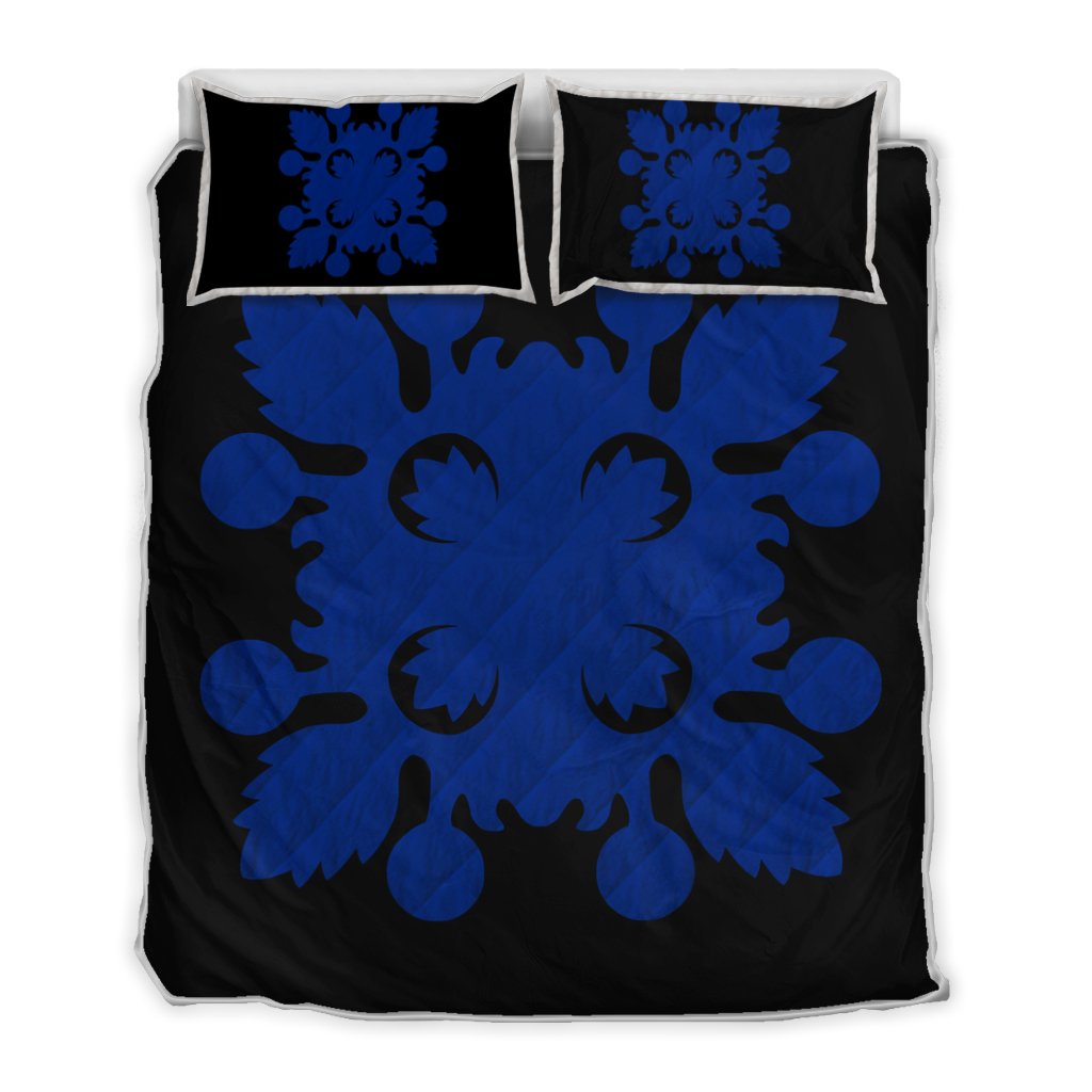 Hawaiian Royal Pattern Quilt Bed Set - Black And Blue - D2 Style - AH Blue - Polynesian Pride