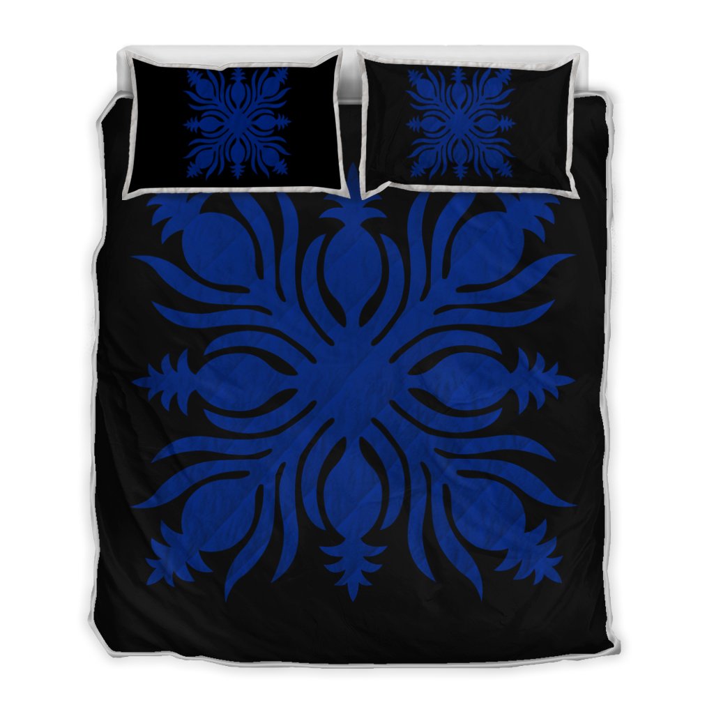 Hawaiian Royal Pattern Quilt Bed Set - Black And Blue - K2 Style - AH Blue - Polynesian Pride