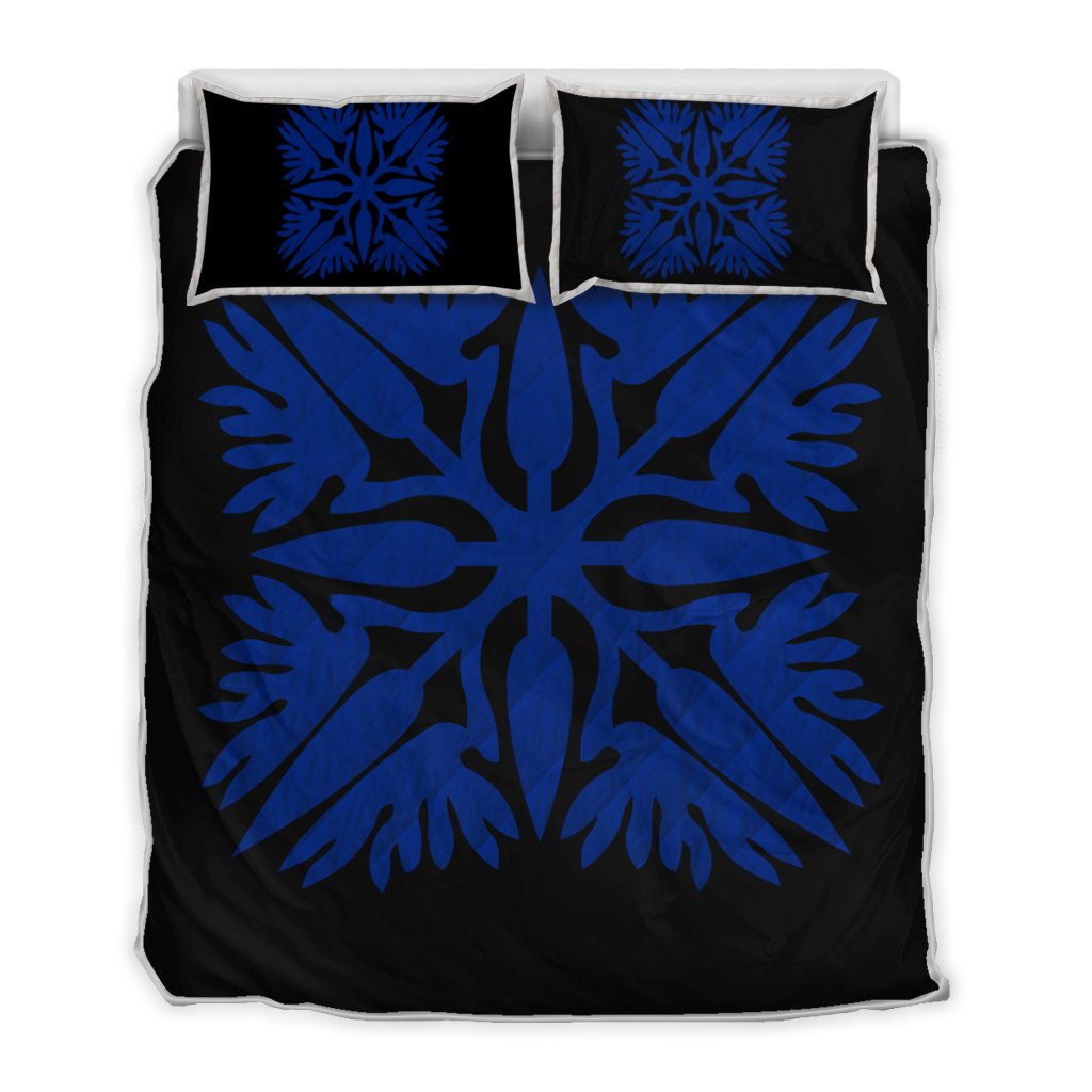 Hawaiian Royal Pattern Quilt Bed Set - Black And Blue - A3 Style Blue - Polynesian Pride