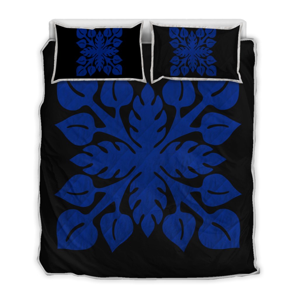 Hawaiian Royal Pattern Quilt Bed Set - Black And Blue - M2 Style - AH Blue - Polynesian Pride