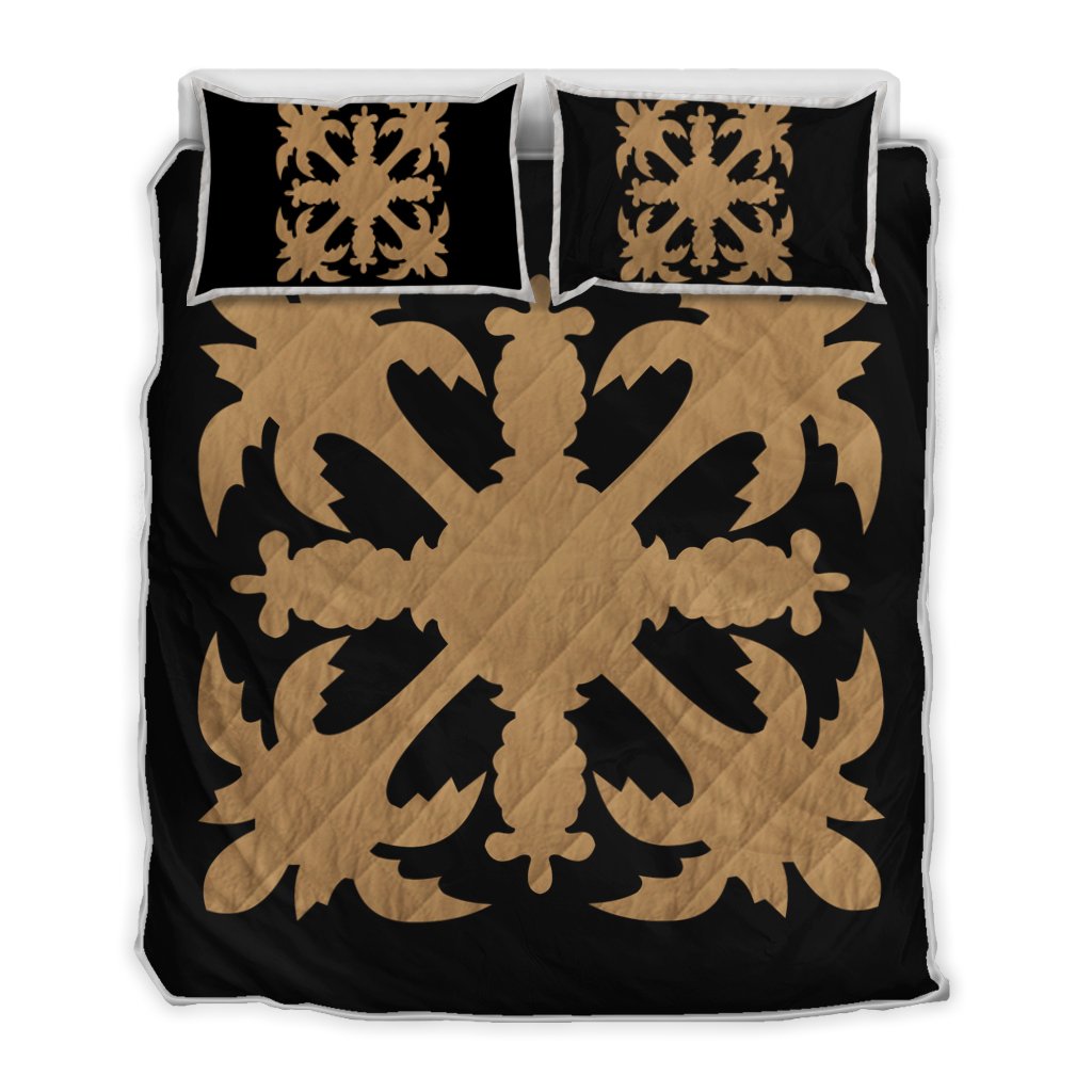 Hawaiian Royal Pattern Quilt Bed Set - Black And Gold - H1 Style - AH Gold - Polynesian Pride