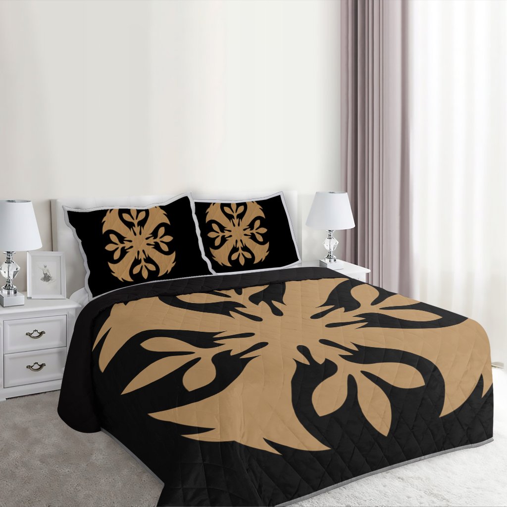 Hawaiian Royal Pattern Quilt Bed Set - Black And Gold - F3 Style - AH - Polynesian Pride