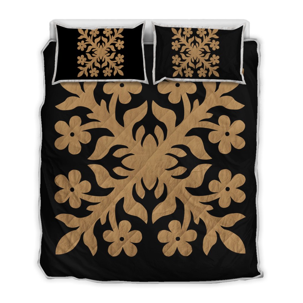 Hawaiian Royal Pattern Quilt Bed Set - Black And Gold - C2 Style - AH Gold - Polynesian Pride