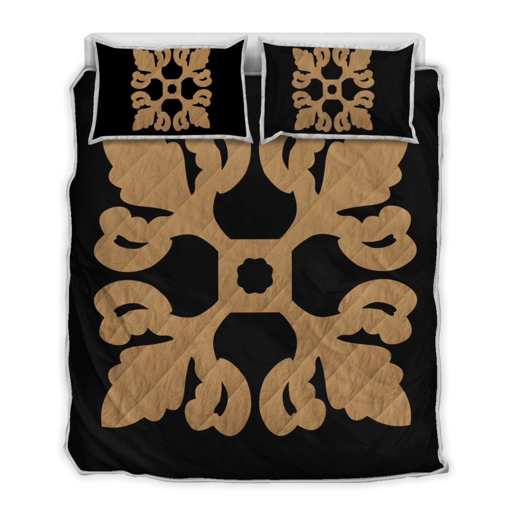 Hawaiian Royal Pattern Quilt Bed Set - Black And Gold - M1 Style - AH Gold - Polynesian Pride