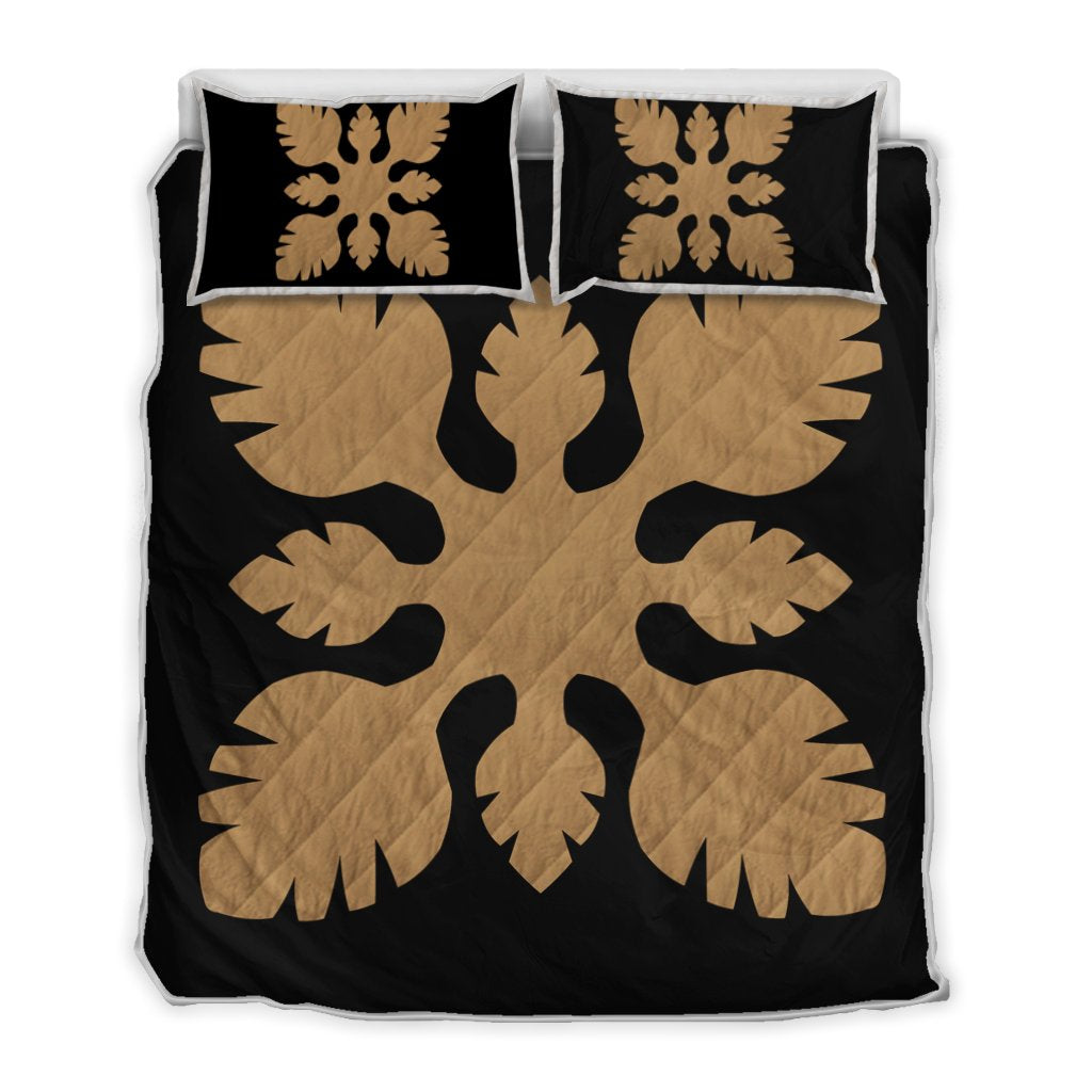 Hawaiian Royal Pattern Quilt Bed Set - Black And Gold - B1 Style - AH Gold - Polynesian Pride