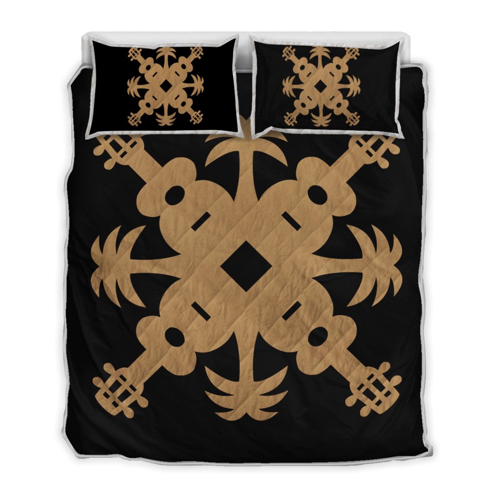 Hawaiian Royal Pattern Quilt Bed Set - Black And Gold - L2 Style - AH Gold - Polynesian Pride