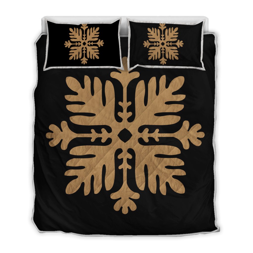 Hawaiian Royal Pattern Quilt Bed Set - Black And Gold - H2 Style - AH Gold - Polynesian Pride