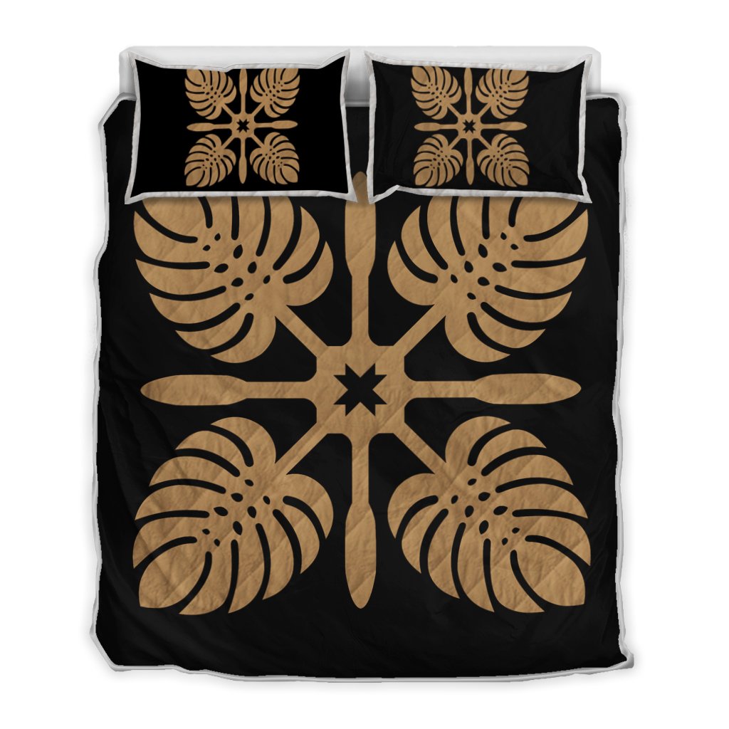 Hawaiian Royal Pattern Quilt Bed Set - Black And Gold - I3 Style - AH Gold - Polynesian Pride