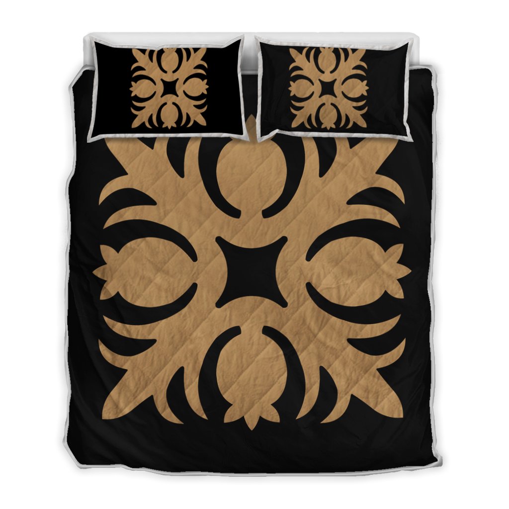 Hawaiian Royal Pattern Quilt Bed Set - Black And Gold - I1 Style - AH Gold - Polynesian Pride