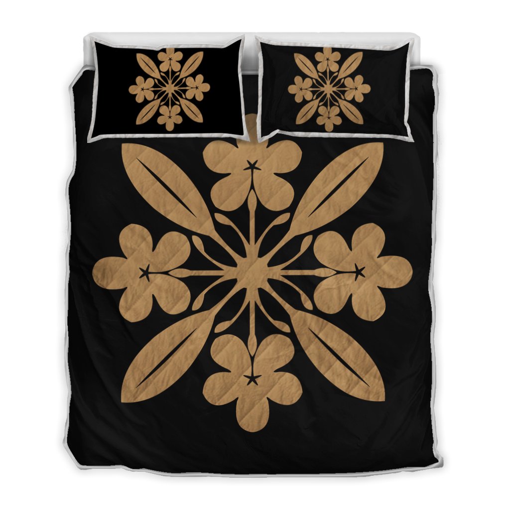 Hawaiian Royal Pattern Quilt Bed Set - Black And Gold - L1 Style - AH Gold - Polynesian Pride