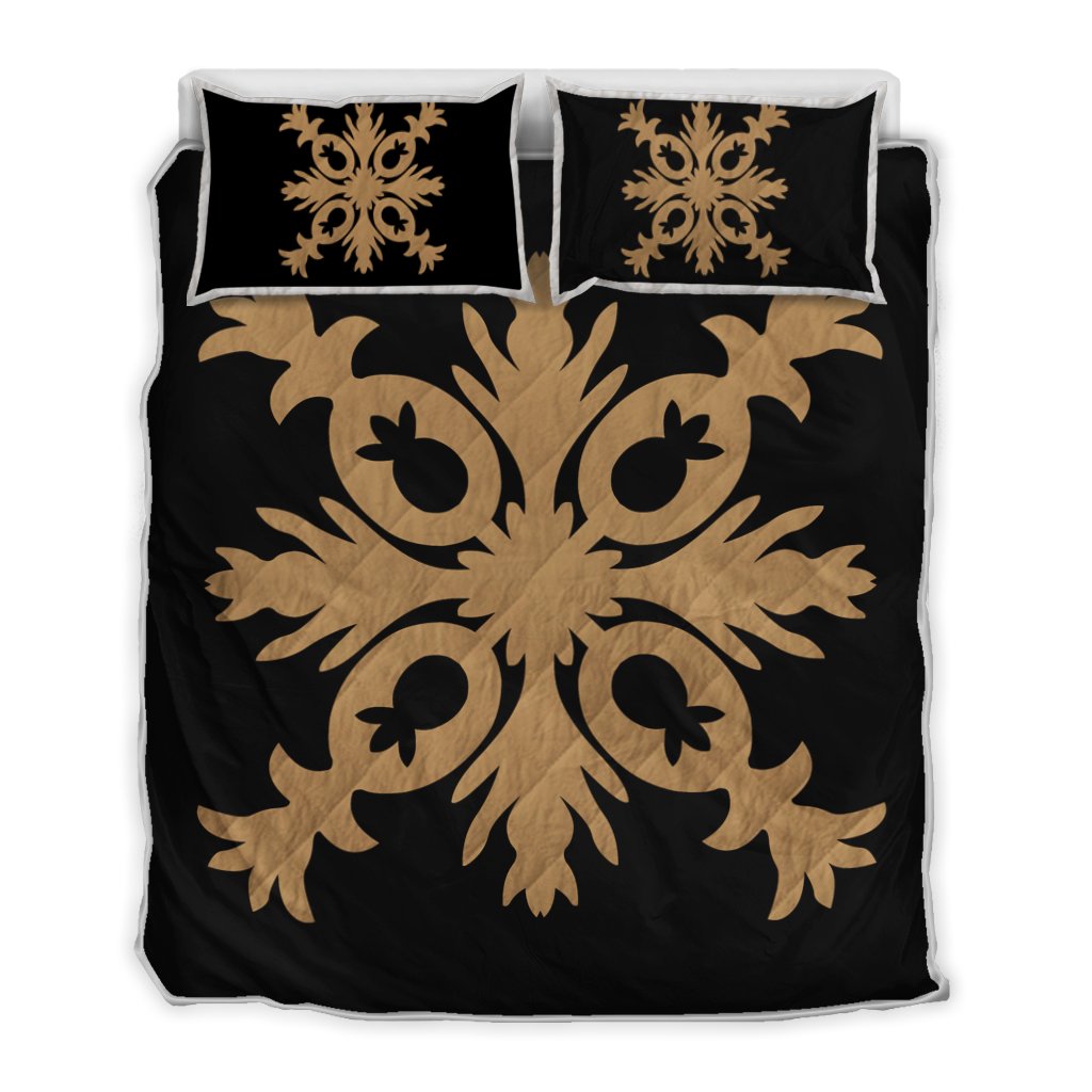 Hawaiian Royal Pattern Quilt Bed Set - Black And Gold - F2 Style - AH Gold - Polynesian Pride