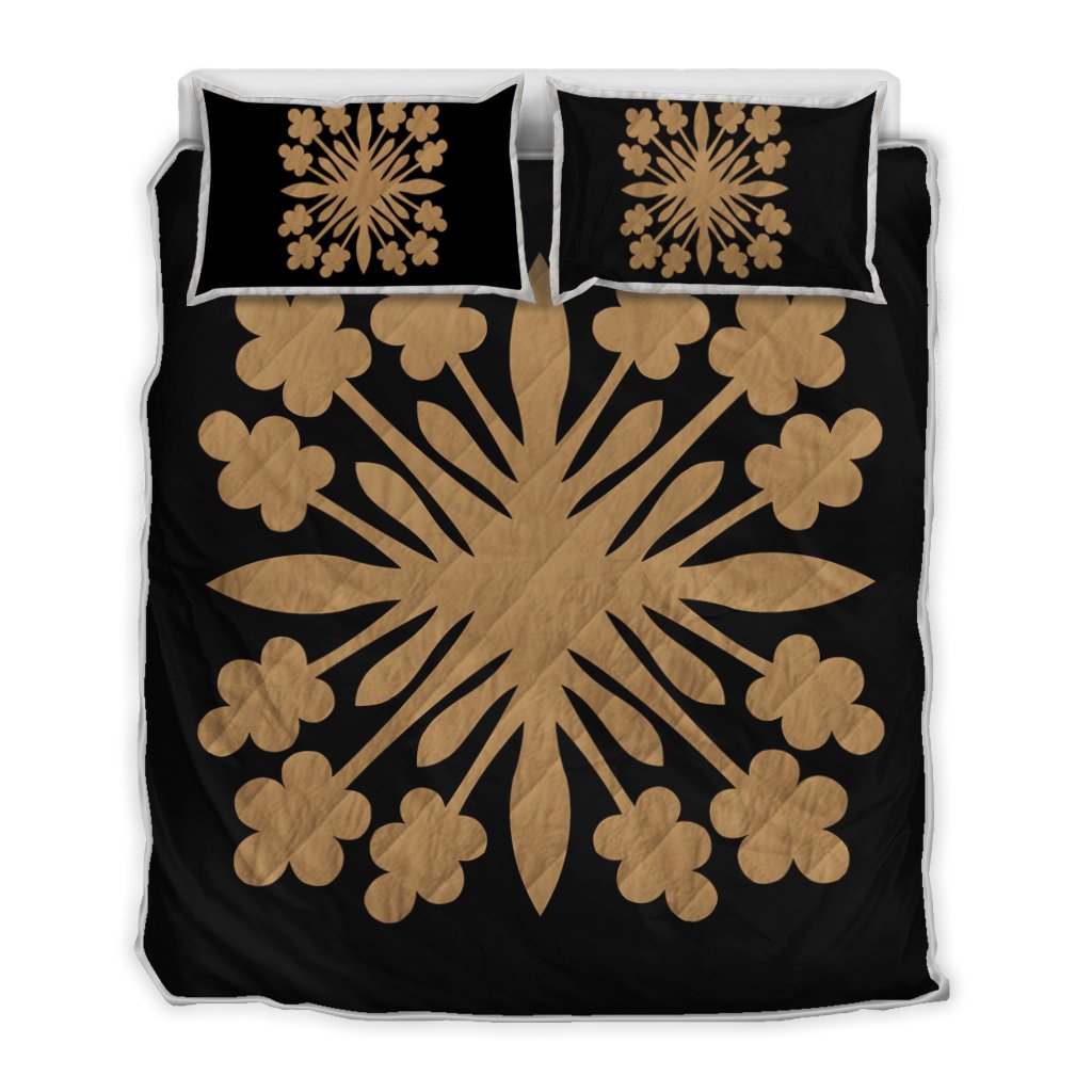 Hawaiian Royal Pattern Quilt Bed Set - Black And Gold - G2 Style - AH Gold - Polynesian Pride