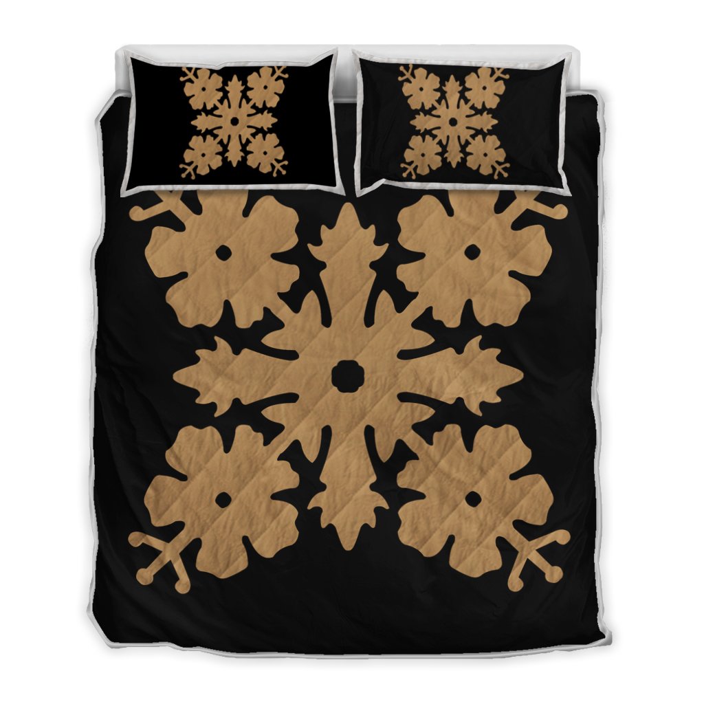 Hawaiian Royal Pattern Quilt Bed Set - Black And Gold - K1 Style - AH Gold - Polynesian Pride