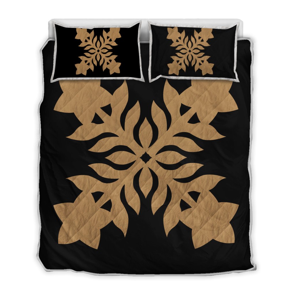 Hawaiian Royal Pattern Quilt Bed Set - Black And Gold - E2 Style - AH Gold - Polynesian Pride