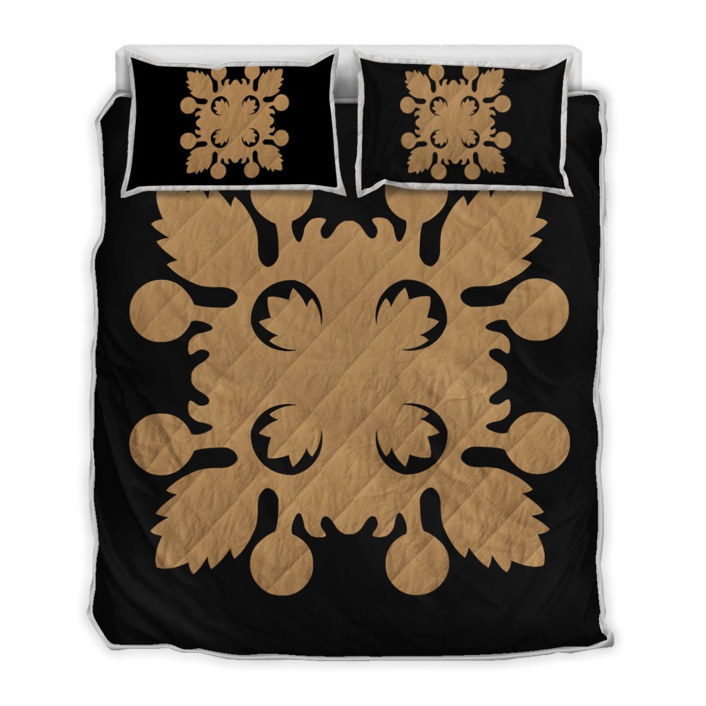 Hawaiian Royal Pattern Quilt Bed Set - Black And Gold - D2 Style - AH Gold - Polynesian Pride