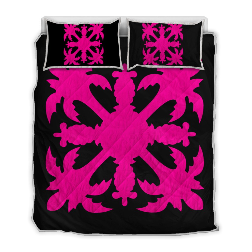 Hawaiian Royal Pattern Quilt Bed Set - Black And Pink - H1 Style - AH Art - Polynesian Pride