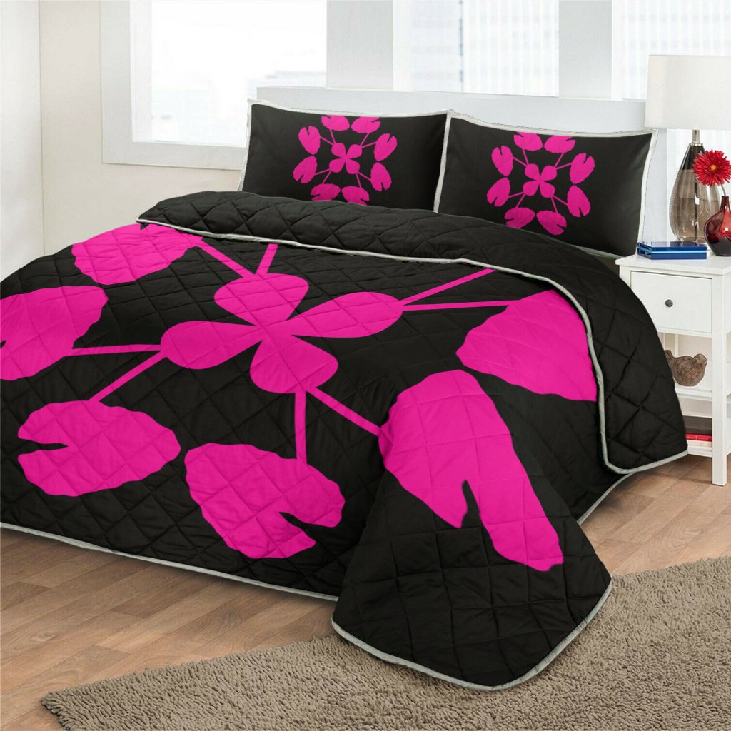 Hawaiian Royal Pattern Quilt Bed Set - Black And Pink - D3 Style - Polynesian Pride