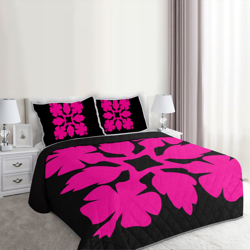 Hawaiian Royal Pattern Quilt Bed Set - Black And Pink - C1 Style - AH - Polynesian Pride