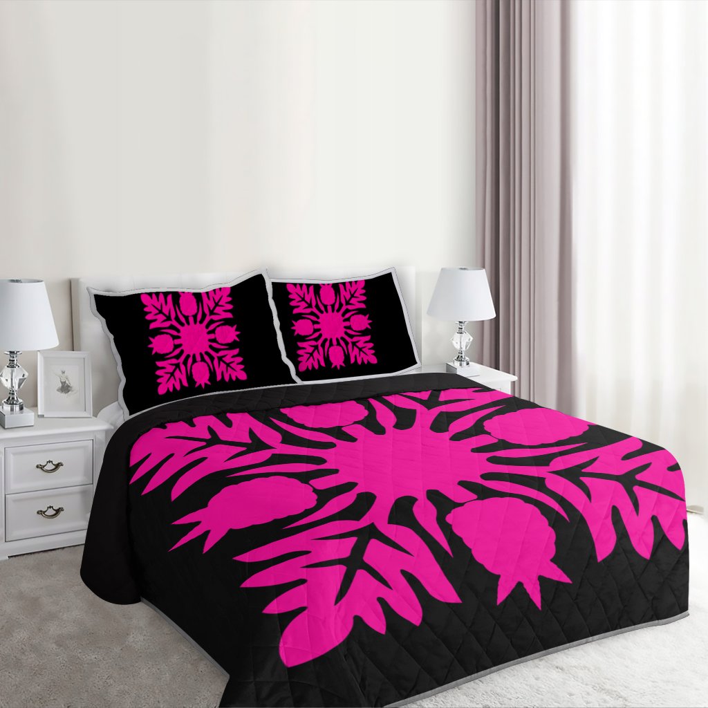 Hawaiian Royal Pattern Quilt Bed Set - Black And Pink - N1 Style - AH - Polynesian Pride
