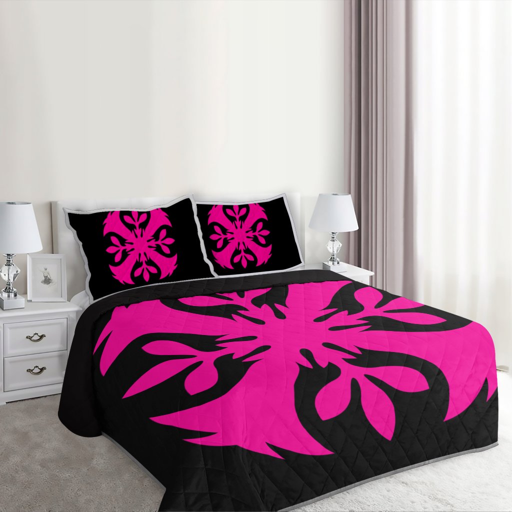 Hawaiian Royal Pattern Quilt Bed Set - Black And Pink - F3 Style - AH - Polynesian Pride